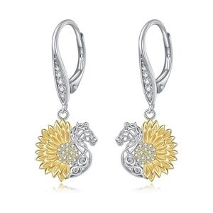 14k Diamond Sunflower Mustang Horse Luxurious Earrings